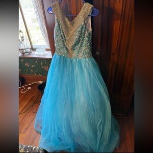 Elegant Blue and Gold Prom Dress